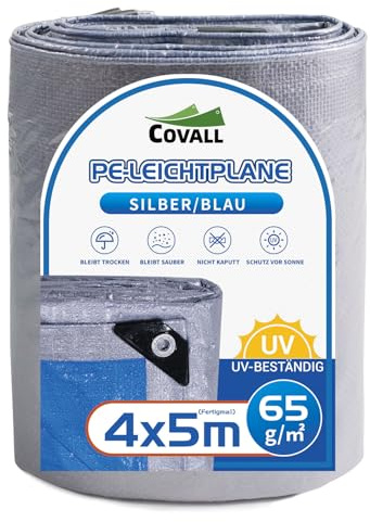 Covall Tarpaulin Light-Duty Tarp Groundsheet Sheet Cover 4x5m Waterproof 65g/m² Silver&Blue tarpaulin with eyelets Weatherproof Windproof UV-Resistant for Car Truck Rv House Tent Boat Pool