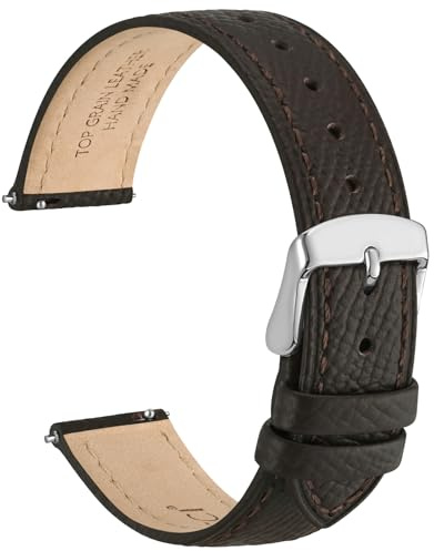 WOCCI 18mm Grace Leather Watch Strap for Ladies, Top Grain Leather, Quick Release Replacement Band with Silver Buckle (Dark Brown)