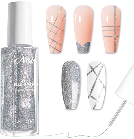 Liner Nagellack Glitzer - Silber Schnelltrocknender Nagellack - Ungiftig Nagelack Auf Wasserbasis - Dünner Pinsel Für French Fineliner - Painting Nail Polish Für Frauen Nageldesign (Silver, 10ml)