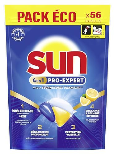 Sun - Pro Expert - Pastilles Lave Vaisselle - Action 4 en 1 - Citron - Elimine 100% des taches brûlées de +72h - dégraissent en Profondeur - 56 Capsules