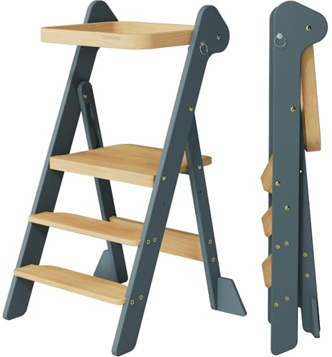 COSYLAND Torre de Aprendizaje Montessori de Madera Plegable Desde 1 Año – Ganadora del Premio iF Design, con Red de Seguridad y Altura Ajustable, Ideal para Cocina y Baño (Azul Pizarra y Natural)