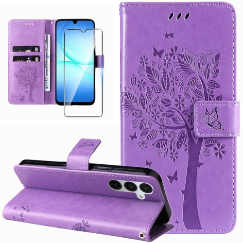 Dcjlbo Coque pour Samsung Galaxy A17 4G/5G Antichoc Etui Protection-Violet | Étui avec Verre Trempé Motif Porte Carte,Portefeuille Cuir Housse Rabat,Support Réglable Antidérapante à Rabat Pochette Case