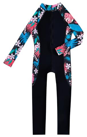Odizli Burkini Swimwear for Girls Kids Modest Swimsuit Floral Print Long Sleeve Zip Up One Piece Full Body Muslim Islamic Swimming Costume Wetsuit Bathing Suit Rash Guard Beachwear Black 11-12 Years