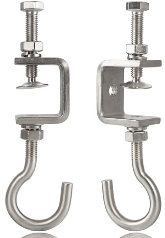 Foxwake 1 3/16 In Stainless Steel Small C Clamps +Heavy Duty Metal Threaded Hanging Screw Hook/Open Cup Bolt Hook, With Stable Wide Jaw Opening&Protective Pad/I-Beam Design (2PCS)