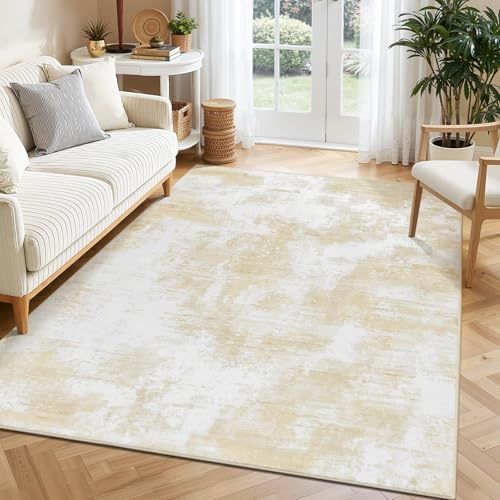 SHACOS Tappeto Salotto 140x200cm, Pelo Corto Astratto Tappeto Morbido Camera da Letto Antiscivolo e Lavabile Tappeti Moderni Soggiorno Tappeti di Zona per Salotto Cameretta Bambino, Beige