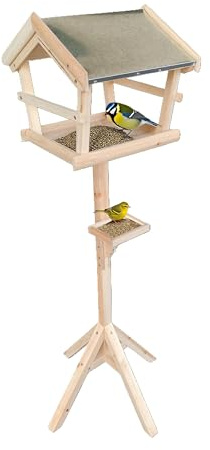 Relaxdays Mangiatoia per Uccelli con Supporto, Tetto Impermeabile, Giardino, Balcone e terrazza, Legno Naturale