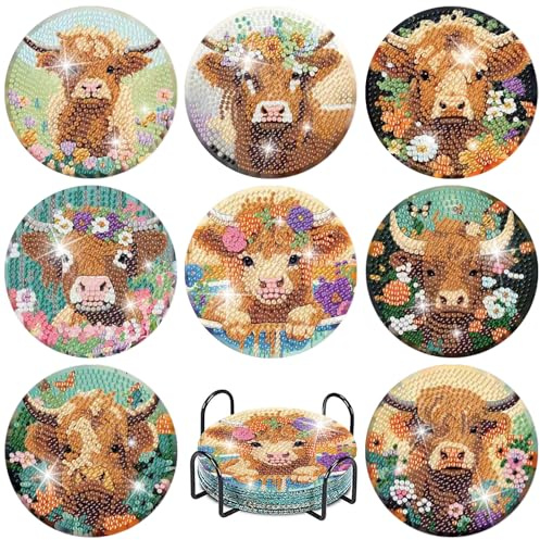 askkqtx 8 PCS Highland Cow Diamond Art Coasters Kits with Holder 4X4 Inch | Cow with Flowers Diamond Painting Coasters Kits for Adults, DIY 5D Full Drill Rhinestone Art Craft Supplies