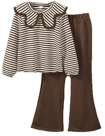 SoLu DAY8 Tuta Bambino Completa Invernale Pantaloni a Zampa E Camicia a Righe Larghi Baggy Tuta Ragazza Bambine Invernali Outfit Comodi Eleganti Casual Jogging 7-12 anni (Brown, 11-12 Years)