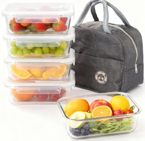 LPVS Lot de 5 Boîtes Conservation Alimentaire en Verre 1040 ml avec Couvercles Hermétiques - Lunch Bag Offert - Récipients Repas avec Fermeture à Clic - Boîte Repas Etanche - Entreprise Française