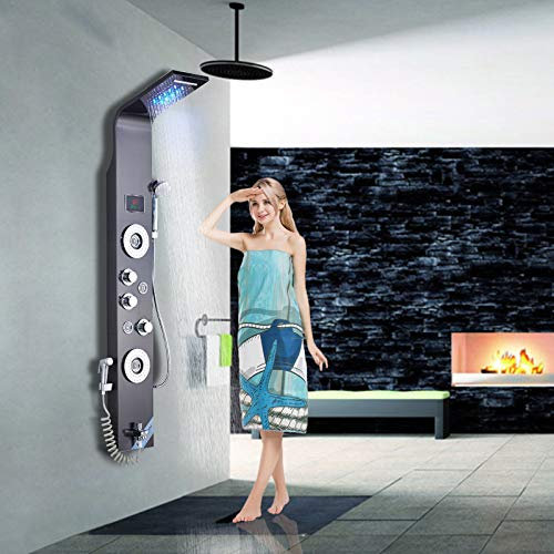 Saeuwtowy Columna de Hidromasaje LED Negro Acero Inoxidable 6 Función con Pantalla LCD para Baño Panel de Ducha Hidromasaje