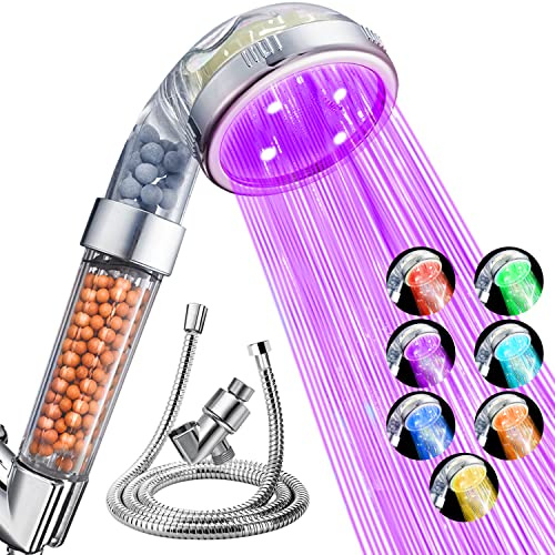 Nosame® Led Shower Head with Hose and Bracket, Filter Filtration High Pressure Water Saving 7 Colors Automatically No Batteries Needed Spray Handheld Showerheads 1.6 GPM for Dry Skin & Hair