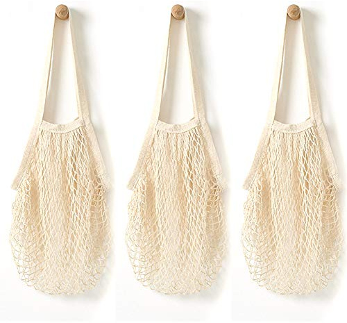Pveath 3 Pack Grocery Mesh Bags Portable/Reusable/Washable Organic Cotton String Shopping Bags Produce Net Tote Bags with Short Handle Shopping Handbag for Fruit Vegetable Storage (White)