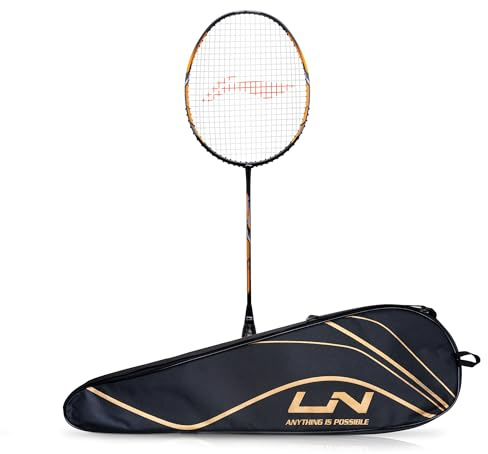 Li-Ning Turbo 99 Carbon Fibre Strung Badminton Racket with Full Racket Cover (Black/Gold) | For Intermediate Players | 84 grams | Maximum String Tension - 30lbs