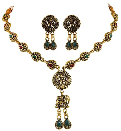 Jwellmart Antique Gold Polish Temple Floral Bridal Wedding Choker Stone Necklace Earrings Combo Set Bollywood Party Traditional Fashion Indian Jewelry Jewellery Set for Women, Stone