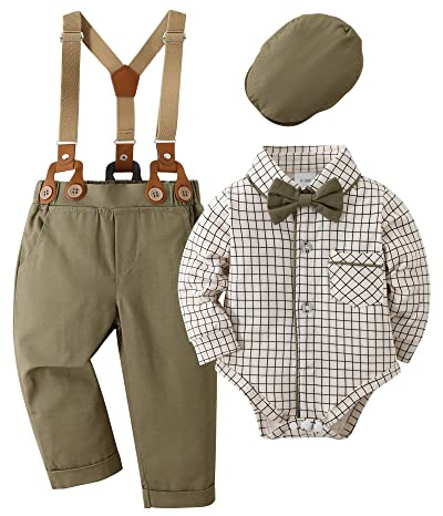 Conjuntos de Ropa para Bebés Niño, Niño Caballero Conjunto para Bautizo Fiesta Boda Camisa de Manga Larga con Pajarita+ Tirantes Pantalones Traje Ropa Verde, 0-3 meses