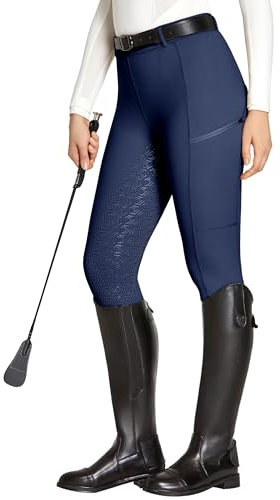 FitsT4 Sports Reitleggings Damen Reithose Mädchen Silikon vollbesatz mit Handytasche und Gürtelschlaufen für Reitsport Pferdetraining,Blau,M