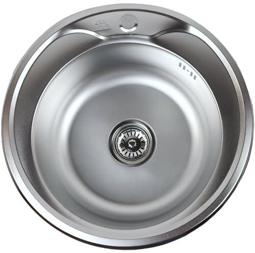ANW HOME Spülbecken Küche Rund Ø51x18 cm Satin mit Siphon, Waschbecken Küche Edelstahl mit Hahnloch, Spüle Spülbecken Edelstahl, Edelstahlspüle Einbauspüle, Klein Küchenspülen, Spüle Küche