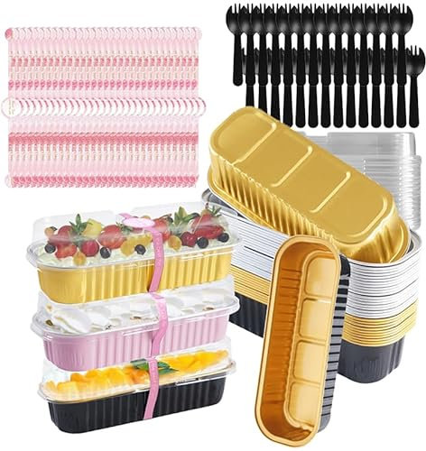 30Set Mini Loaf Cake Cases 200ML, Mini Loaf Tins with Lids and Spoons Aluminum Foil Baking Pans with Sealing Sticker for Bread Cake Wedding Birthday Picnic Party (Black,Gold,Pink)