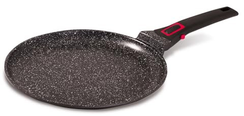 Baumalu - Crêpière Granit Pro Céramique - Fonte d'Aluminium - Tous Feux dont Induction - Intérieur Revêtement Céramique Fusion Pro Effet Pierre Sans PFOA ni PFAS - Manche Amovible - Ø28cm - Noir