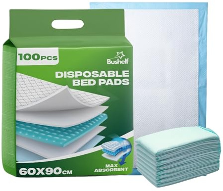 100xBushelf Disposable Incontinence Bed Pads 60 x 90cm | Highly-Absorbent Incontinence Bed Sheets | Waterproof Incontinence Sheets for Sofa, Mattress, Chair & for Babies, Children, Adults, & Elderly.