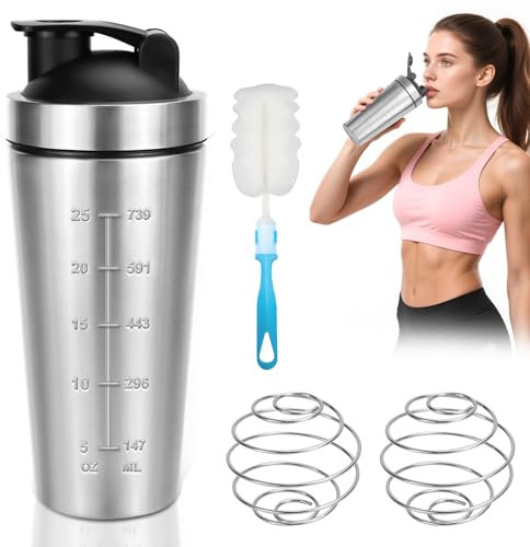 Shaker Proteine in Acciaio Inox, Shaker Palestra da 750 ml con Shake Ball e Spazzola a Tazza, Doppia Agitazione, Shackers Proteine, per Fitness, Ciclismo, Regalo, Colore Argento