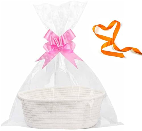 SKIKHN Gift Basket Empty, Hamper Kit, Durable Gift Basket Hamper Kit, Empty Hamper Basket with Bags, Pull Bows and Raffia for Baby Shower, Wedding, Birthday, Storage, Easter 30 * 20 * 12cm (White)
