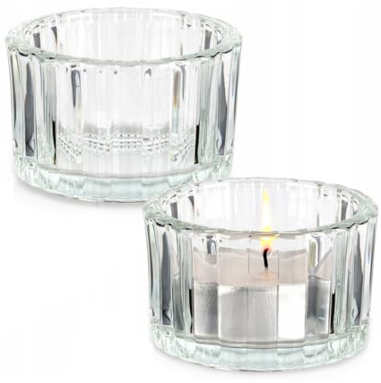 Set of 2 Ribbed Tea Light Candle Holders | Round Clear Glass Tea Light Holders | Elegant Ribbed Design for Soft Ambient Lighting
