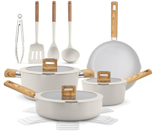 NutriChef Juego de Utensilios de Cocina de Cerámica Antiadherente 14 piezas, Ollas y Sartenes, para Inducción, Tapas de Vidrio, Asas de Toque Frío, Apto para Lavavajillas