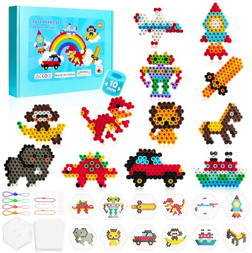 Aurinovellia 1200 Pezzi 10 mm Grandi Perline da Stirare, Perline da Stirare Kit con 12 Motivo e Accessori, Set di Perline Creative, per Bambini Dai 3 Anni per Bambin Artigianato Creativo Regali