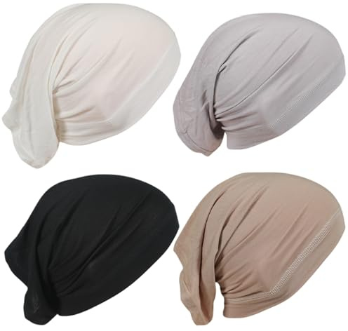 Gorro Hijab, 4 Piezas Gorro Hijab de Algodón Transpirable con Corbata Elástica Pañuelo Interior Suave y Liviano de Color Sólido para Mujer, Promedio (Beige, Antideslizante)
