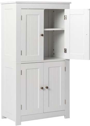 Bonnlo Bathroom Storage Cabinet, Freestanding Storage Cupboard with 4 Doors - 2 Adjustable Shelves, Wooden Bathroom Floor Storage Cabinet Unit for Living Room Kitchen Hallway, 60×30×110cm (White)