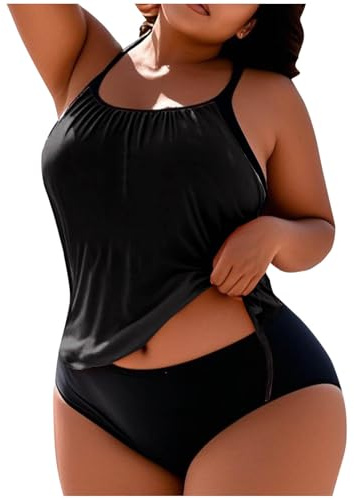 Women Tankini Sets Plus Size 2 Piece Bathing Suit Modest Swimsuits Loose Blouson Swimwear Swim Tank Tops and Shorts(Black,3X-Large)