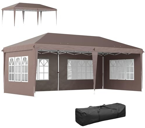 Outsunny Carpa Plegable 6x3 m, Pop-up, con 4 Laterales Desmontables, Cenador de Jardín con 4 Ventanas Visibles y Bolsa de Transporte, Impermeable, Anti-UV, Gazebo para Camping, Fiestas, Exterior, Café