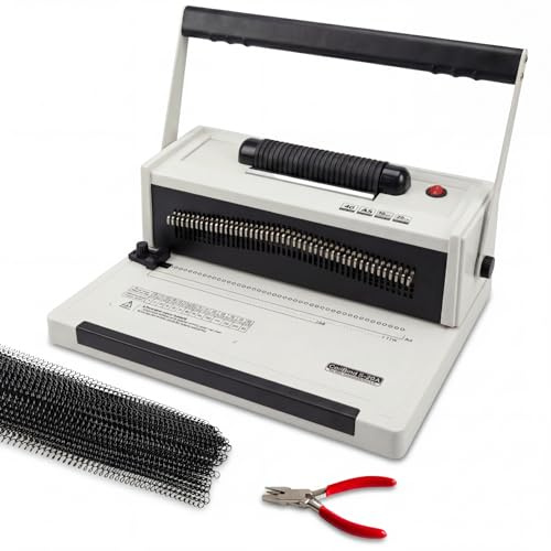 Spiral Binding Machine with Electric Coil Inserter, 20-Sheet Manual Punch, 4:1 Pitch, 46 Fully Disengageable Pins for Versatile Binding - Binds up to 500 Sheets - Includes 100 Coils & Crimping Pliers