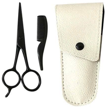 INOOMP Juego de Tijeras para Bigote y Barba Acero Inoxidable 3 Piezas, Tijeras Negras de Precisión, Peine Pequeño y Estuche de Cuero Albaricoque, Kit Cuidado Barba Profesional y Portátil