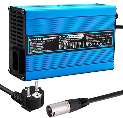 Cargador de batería de 24 V 10 A, apto para acumuladores de plomo de 27,6 V. Cargador lento para sillas de ruedas. Exterior azul con conector XLR 1+2 de 3 pines.