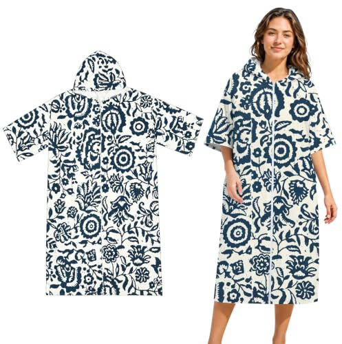 Toaboa Badponcho med huva 110 x 78 cm mikrofiber poncho handduk med dragkedja, blommönster, snabbtorkande flytthjälpmedel kvinnor och män 165–185 cm för surfing simning strand bad