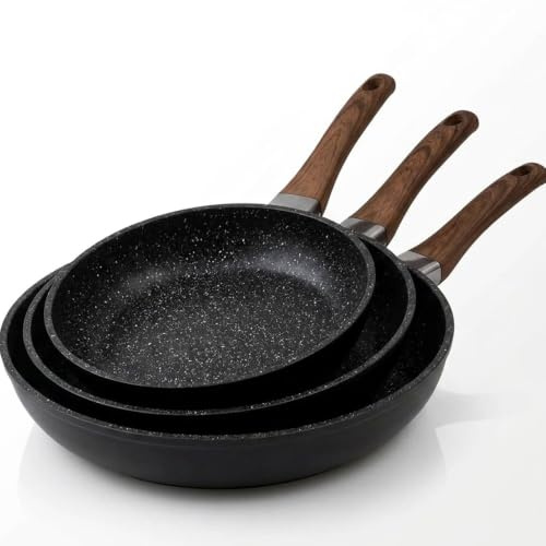 081 Store - Set 3 Padelle Antiaderenti Nere 20, 24 e 28 cm, Padelle per Induzione, Gas e Tutti i Piani Cottura, Rivestimento Effetto Granito, Alluminio Forgiato, Senza PFOA, Manici Effetto Legno