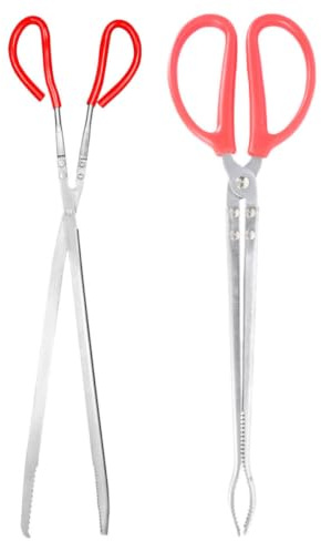 HOMSFOU 2 Pièces Pinces à Serpents Pinces à Reptiles Antidérapantes Multifonction en Acier Inoxydable et Plastique Rouge pour Serpents et Petits Animaux, Usage Extérieur et Grill,