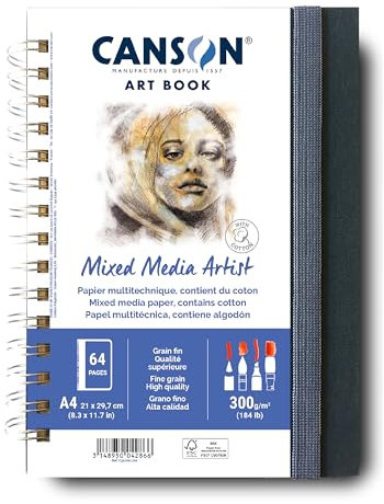 Canson - Professional Book - Carta Multitecnica - Grana fine - 300g/m² - Taccuino Spiralato - A4-21x29-7cm - Bianco - 28 fogli