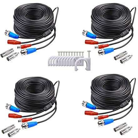 SANSCO 4 Pack 30M/100ft Video Power Cables, BNC Extension Replacement CCTV Surveillance Camera Cable for DVR Security System Kit, Free BNC RCA Connectors and (100pcs) Cable Clips Included, Black
