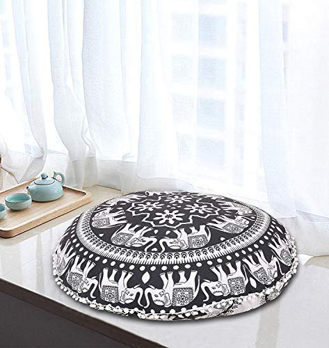 Bodenkissen mit Elefanten-Mandala, schwarz, 81,3 cm, Meditationskissen, Boho, indisch, groß, Ottomane, Outdoor, Heimdekoration, Fällen, rund, Baumwolle, Tierpouf (nur Bezug)