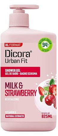 Dicora Urban Fit | Gel de Ducha Nutritivo con extracto de leche y fresa | Gel de Baño con Vitamina B | Revitalizante e hidratante | Tamaño 825 ml