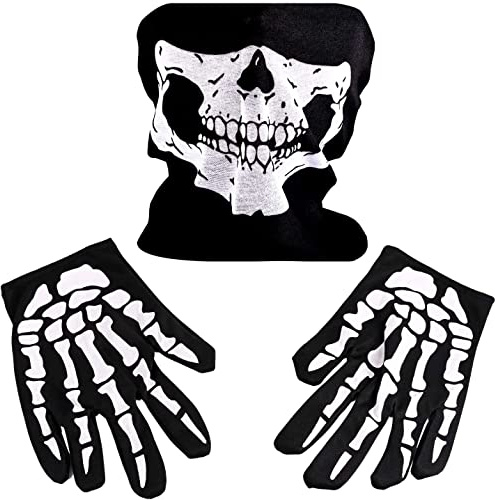 iPobie Guanti Scheletro,Scheletro Bianco Guanti Lunghi e Teschio Faccia Maschera per Adulti Halloween Danza Festa Costume,1 Set