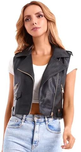 DIASHINY Black Faux Leather Vest For Women Lapel Sleeveless Moto Slim Fit PU Motorcycle Waistcoat 046 L