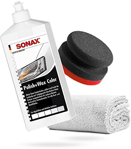 detailmate SONAX Hand Polier Set - SONAX Polish+Wax Color weiß 500ml + Handpolierschwamm Puck im Verbundaufbau hart Ø90/50mm Edgeless Superflausch Mikrofaser Poliertuch 550GSM