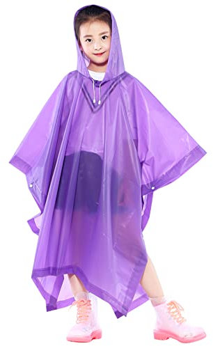 Imperméable Poncho Pluie Enfant, Réutilisable EVA Manteau de Pluie avec Capuchon Boutons pour Garçons Filles, Pliable Transparent Cape de Pluie pour L'école Voyage Randonnée Cyclisme Extérieur(Violet)