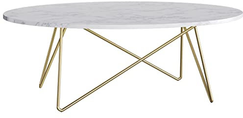 FirFurd Coffee Table Marble Effect Side Table Sofa Table Oval Coffee Table for Living Room Office with Gold Legs 120x60x41cm