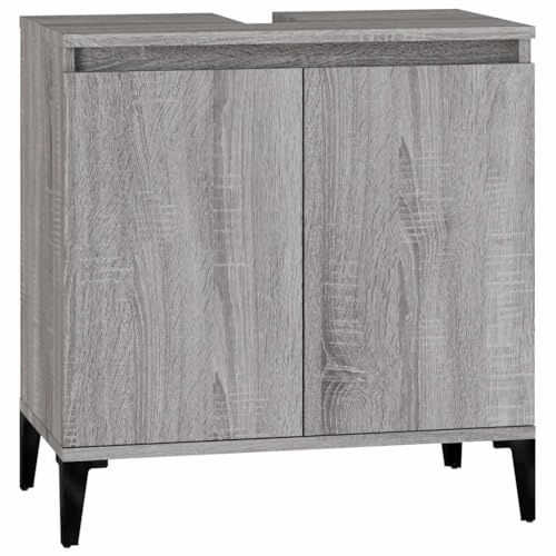 vidaXL Meuble d'Évier, Armoire de Lavabo avec Compartiment et Pieds, Meuble sous Lavabo avec Portes Salle de Bain, Industriel, Sonoma Gris Bois d'Ingénierie