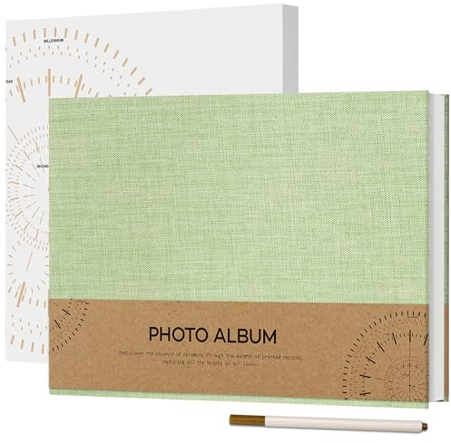 Vienrose Album Fotografico Autoadesivo per Immagine 10x15, Piccola Copertina di Lino Album Scrapbook 60 Pagine Bianche Fai Da Te Libro Scrap con Una Penna Metallica, 21,5x30 cm Verde erba